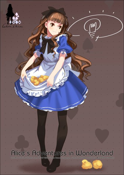 Anime picture 726x1024 with alice in wonderland alice (alice in wonderland) alphonse (white datura) single tall image blush smile brown hair standing brown eyes looking away light smile inscription happy dress hair ornament bow hair bow animal pantyhose