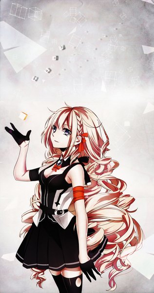 Anime picture 2269x4309 with vocaloid ia (vocaloid) hatsuko single long hair tall image highres blue eyes blonde hair bare shoulders braid (braids) pleated skirt girl thighhighs skirt ribbon (ribbons) black thighhighs hair ribbon torn thighhighs