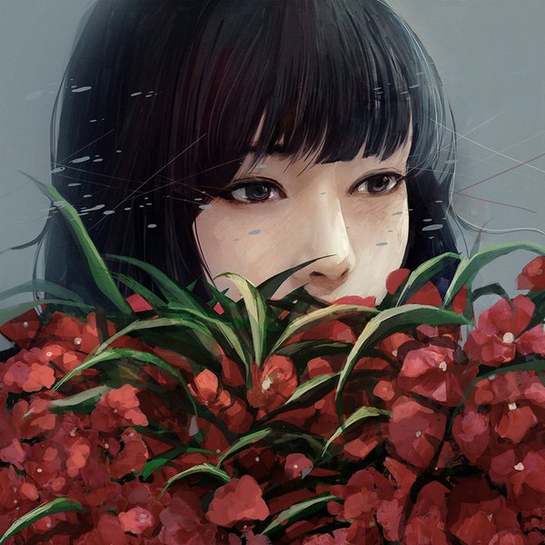 Anime picture 800x800 with original wataboku single fringe black hair simple background looking away blunt bangs black eyes realistic grey background portrait face girl flower (flowers) leaf (leaves)