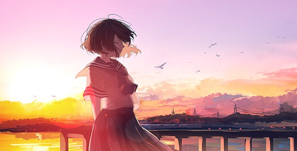 Anime picture 2498x1278 with original mifuru single highres short hair brown hair wide image sky eyes closed wind evening sunset hands behind back girl uniform animal water serafuku bird (birds) railing