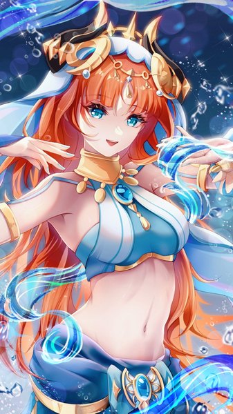 Anime picture 1440x2560 with genshin impact nilou (genshin impact) wuke euco single long hair tall image looking at viewer fringe breasts open mouth blue eyes light erotic smile twintails bare shoulders red hair blunt bangs :d horn (horns) sparkle