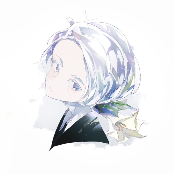 Anime picture 900x902 with houseki no kuni cairngorm (houseki no kuni) captain yue single tall image short hair simple background white background silver hair sparkle portrait silver eyes androgynous flower (flowers) lily (flower)