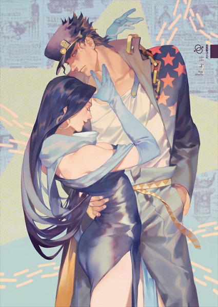 Anime picture 700x989 with jojo no kimyou na bouken kujo jotaro lisa lisa coralstone long hair tall image looking at viewer short hair black hair purple eyes bare shoulders eyes closed profile light smile character names hug piercing ear piercing hand in pocket star print