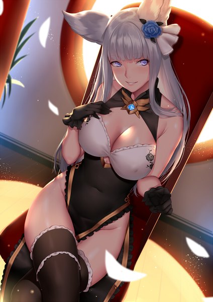 Anime picture 706x1000 with granblue fantasy korwa (granblue fantasy) deras single long hair tall image blush fringe breasts light erotic smile large breasts sitting purple eyes payot looking away cleavage silver hair blunt bangs traditional clothes