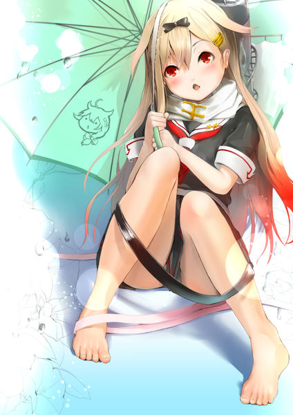 Anime picture 2894x4095 with kantai collection yuudachi destroyer sau single long hair tall image looking at viewer blush fringe highres open mouth light erotic blonde hair red eyes holding bent knee (knees) red hair pleated skirt multicolored hair barefoot