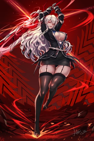 Anime picture 1200x1802 with dungeon and fighter mad kimo single long hair tall image looking at viewer blush fringe breasts light erotic hair between eyes red eyes large breasts standing holding signed payot cleavage silver hair full body