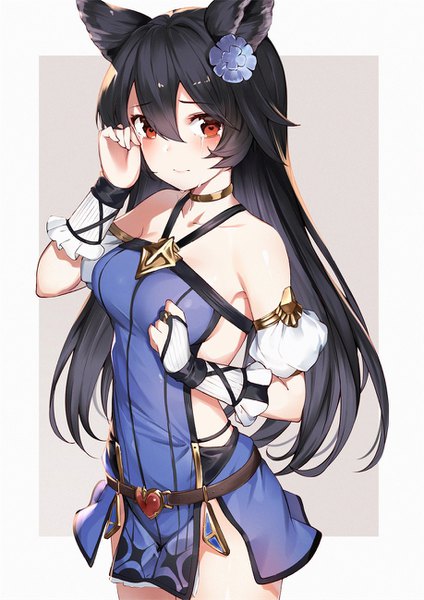 Anime picture 917x1297 with granblue fantasy nier (granblue fantasy) gin00 single long hair tall image looking at viewer blush fringe breasts light erotic black hair simple background hair between eyes red eyes standing bare shoulders animal ears hair flower tears