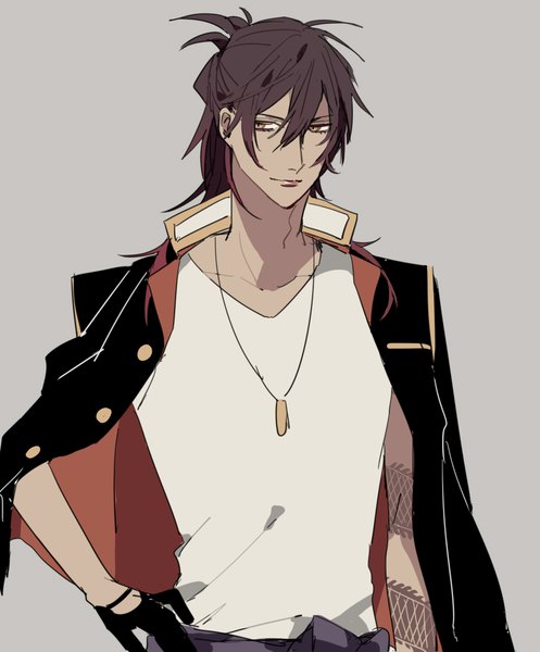 Anime picture 900x1086 with touken ranbu nitroplus ookurikara syubare single long hair tall image fringe simple background hair between eyes brown hair upper body grey background tattoo hand on hip alternate hairstyle clothes on shoulders boy pendant