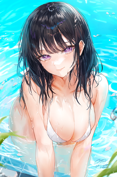 Anime picture 1600x2423 with original utsuhostoria single long hair tall image looking at viewer blush fringe breasts light erotic black hair large breasts standing purple eyes signed blunt bangs from above light smile mole wet