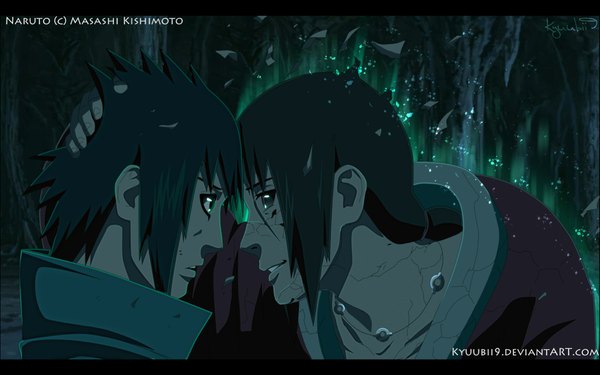 Anime picture 1280x800 with naruto studio pierrot naruto (series) uchiha sasuke uchiha itachi kyuubii9 short hair black hair smile wide image profile black eyes multiple boys coloring face to face eye contact akatsuki boy 2 boys cloak