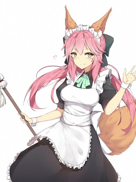 Anime picture 1070x1426 with fate (series) fate/extra tamamo (fate) (all) tamamo no mae (fate) alios arvin single long hair tall image blush fringe simple background hair between eyes white background twintails holding animal ears yellow eyes payot pink hair tail