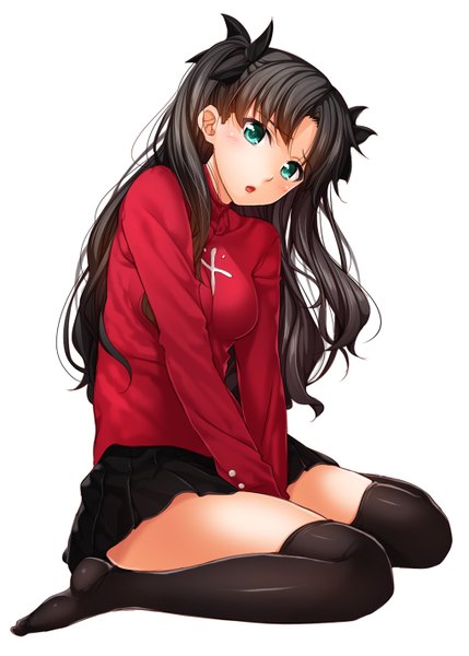 Anime picture 1019x1426 with fate (series) fate/stay night type-moon toosaka rin chobipero single long hair tall image looking at viewer open mouth blue eyes black hair white background sitting no shoes wariza girl thighhighs skirt bow