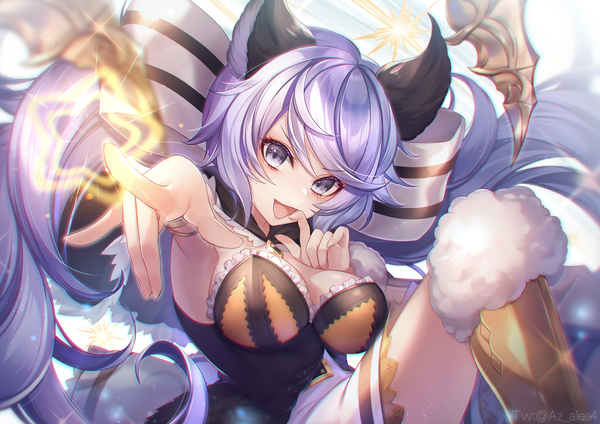 Anime picture 1637x1158 with granblue fantasy satyr (granblue fantasy) azalea4 single looking at viewer breasts open mouth light erotic large breasts purple eyes twintails signed animal ears cleavage purple hair very long hair :d sparkle twitter username pointing at viewer