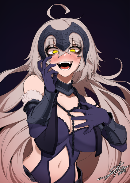 Anime picture 707x1000 with fate (series) fate/grand order jeanne d'arc (fate) (all) jeanne d'arc alter (fate) jeanne d'arc alter (avenger) (third ascension) (fate) j.k. single long hair tall image looking at viewer blush fringe breasts open mouth light erotic simple background blonde hair smile hair between eyes bare shoulders