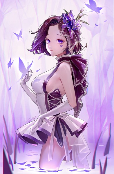 Anime picture 3707x5654 with original lizchief single tall image looking at viewer highres short hair breasts light erotic large breasts standing purple eyes signed absurdres purple hair outdoors hair flower partially submerged shaded face lacing
