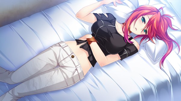 Anime picture 1280x720 with tsuyokiss next tagme (character) long hair looking at viewer breasts blue eyes wide image game cg ponytail red hair lying side ponytail girl bed pants
