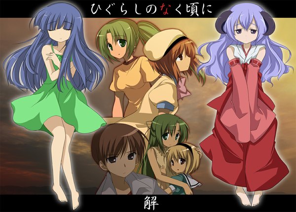 Anime picture 1175x843 with higurashi no naku koro ni studio deen ryuuguu rena furude rika sonozaki mion houjou satoko sonozaki shion hanyuu maebara keiichi long hair looking at viewer fringe short hair blonde hair hair between eyes brown hair bare shoulders multiple girls brown eyes green eyes