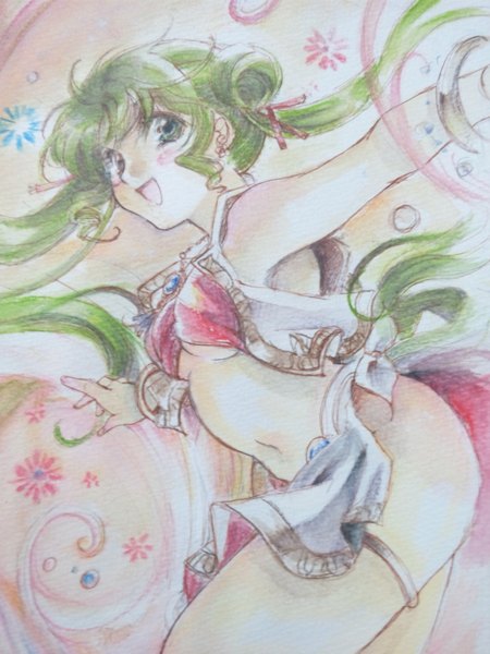 Anime picture 1536x2048 with fire emblem tagme (character) sana (artist) single long hair tall image blush open mouth light erotic twintails green eyes looking away green hair spread arms traditional media watercolor (medium) girl navel