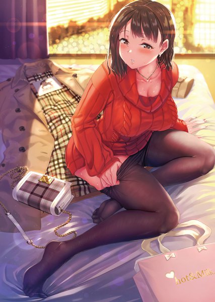 Anime picture 800x1125 with original kichiroku single tall image looking at viewer blush fringe short hair breasts light erotic brown hair large breasts sitting brown eyes cleavage indoors parted lips no shoes lens flare yokozuwari