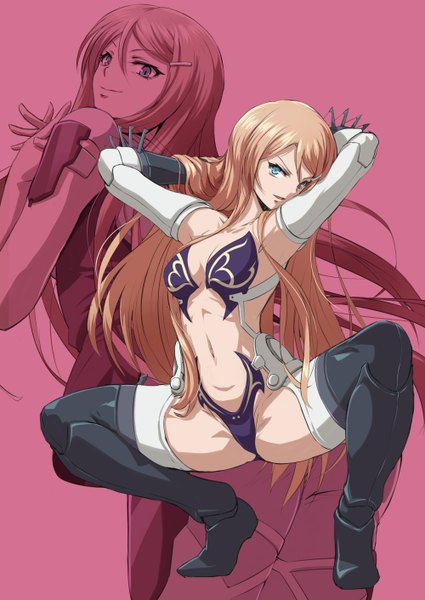 Anime picture 1000x1412 with akuma no riddle hanabusa sumireko ishida baru long hair tall image looking at viewer breasts blue eyes light erotic blonde hair smile armpit (armpits) spread legs groin squat pink background arms behind head hands clasped dual persona spoilers