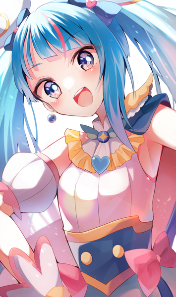 Anime picture 1200x2028 with precure hirogaru sky! precure toei animation sora harewataru cure sky mani (second-dimension) single long hair tall image fringe open mouth blue eyes simple background white background twintails blue hair upper body :d magical girl girl