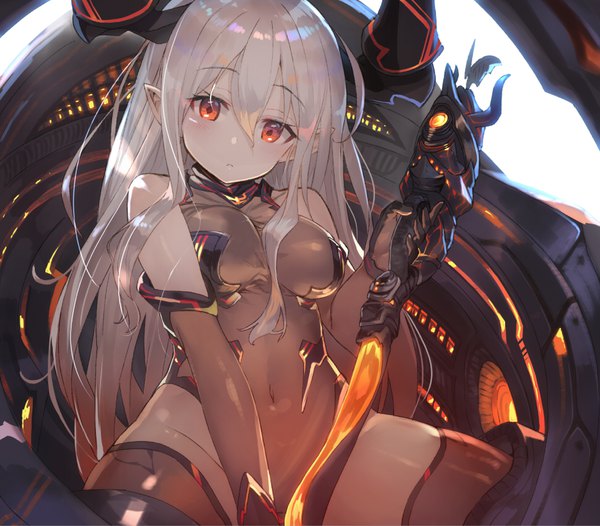 Anime picture 968x850 with granblue fantasy original colo mag-chan (granblue fantasy) colossus (granblue fantasy) shirabi single long hair looking at viewer blush fringe breasts light erotic hair between eyes red eyes bare shoulders holding silver hair very long hair horn (horns) pointy ears