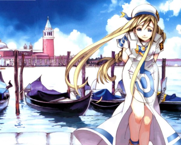 Anime picture 1280x1024 with aria alicia florence amano kozue single long hair looking at viewer blue eyes blonde hair smile sky cloud (clouds) outdoors braid (braids) leaning leaning forward single braid hands behind back girl dress sea