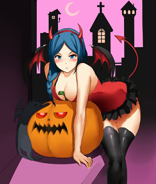 Anime picture 700x825 with metalbolic (kinzo) single long hair tall image looking at viewer blush breasts blue eyes light erotic large breasts blue hair tail horn (horns) leaning leaning forward halloween demon girl demon tail bat wings girl