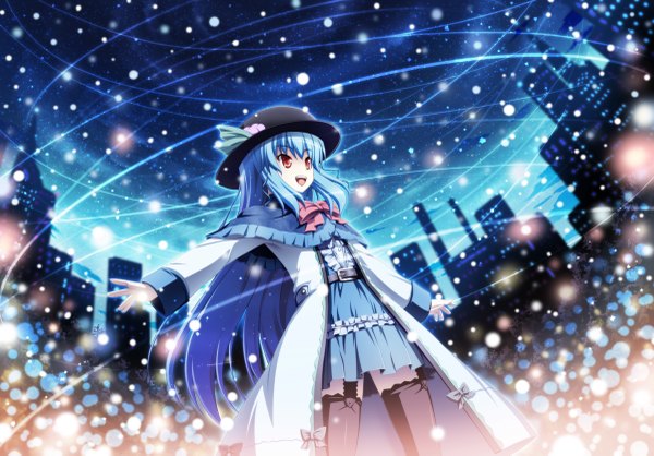 Anime picture 1200x837 with touhou hinanawi tenshi akashio (loli ace) single long hair open mouth red eyes blue hair alternate costume snowing spread arms cityscape girl thighhighs dress bow black thighhighs hat belt bowtie