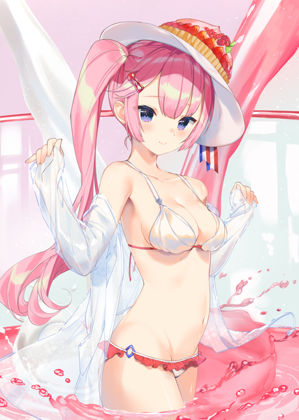 Anime-Bild 1000x1403 mit original cona kinaco single long hair tall image looking at viewer blush fringe breasts blue eyes light erotic smile standing bare shoulders payot pink hair cleavage off shoulder open jacket partially submerged