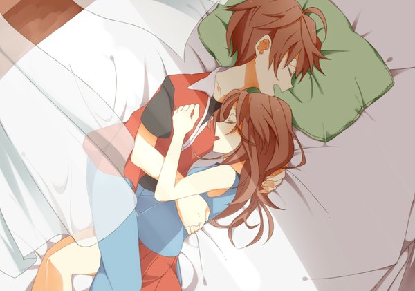 Anime picture 2000x1405 with pokemon nintendo red (pokemon) blue (pokemon) long hair highres short hair open mouth brown hair lying eyes closed couple hug girl boy skirt pillow bed