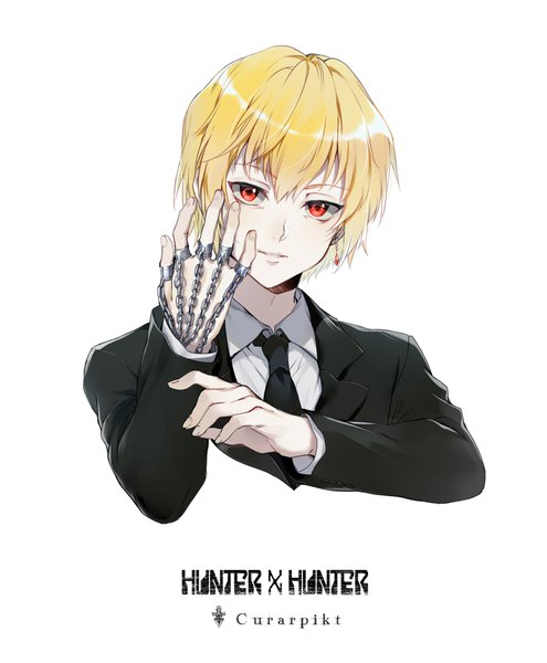 Anime picture 974x1181 with hunter x hunter kurapica ekita xuan single tall image looking at viewer fringe short hair simple background blonde hair hair between eyes red eyes white background upper body light smile copyright name character names portrait formal boy