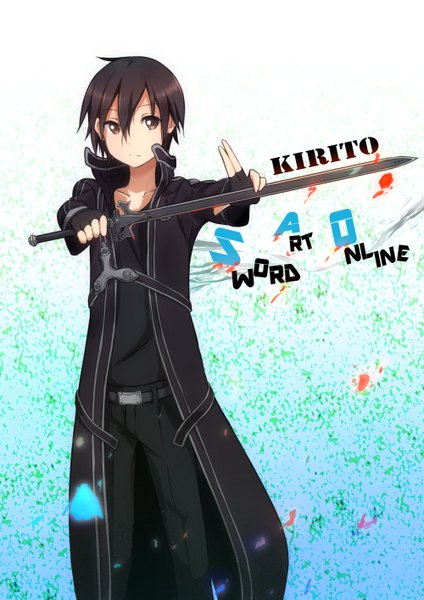 Anime picture 1000x1414 with sword art online a-1 pictures kirigaya kazuto pachi (sugiyama0306) single tall image short hair black hair standing brown eyes looking away inscription character names boy gloves weapon sword fingerless gloves cloak