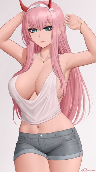 Anime picture 1680x3000 with darling in the franxx studio trigger zero two (darling in the franxx) zaphn single long hair tall image looking at viewer blush fringe breasts light erotic simple background hair between eyes large breasts standing bare shoulders pink hair cleavage horn (horns)
