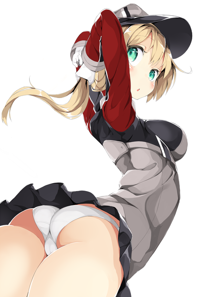 Anime picture 2544x3504 with kantai collection prinz eugen (kantai collection) mafu9 single long hair tall image blush fringe highres breasts light erotic simple background blonde hair white background twintails green eyes ass looking back turning head adjusting hair