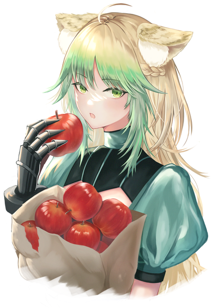 Anime picture 2894x4093 with fate (series) fate/grand order atalanta (fate) tobi (pixiv41237754) single long hair tall image looking at viewer blush fringe highres open mouth simple background blonde hair white background holding green eyes animal ears upper body ahoge