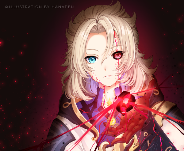 Anime picture 2114x1736 with genshin impact albedo (genshin impact) hanapen single looking at viewer highres short hair blonde hair signed upper body heterochromia magic boy gloves