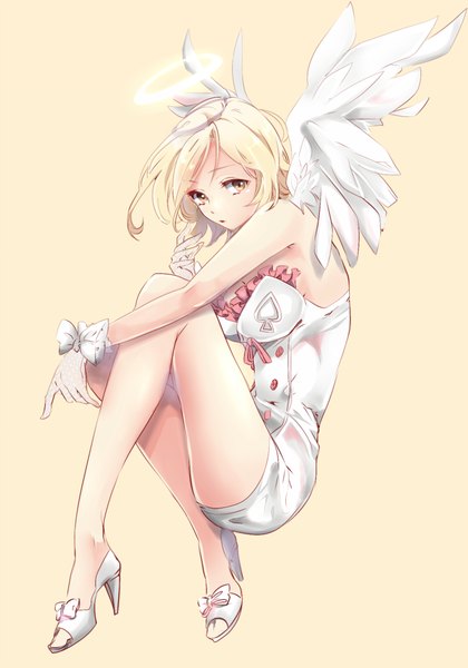 Anime picture 700x1000 with original rakeng single tall image looking at viewer short hair breasts open mouth simple background blonde hair large breasts bare shoulders yellow eyes bent knee (knees) shadow armpit (armpits) high heels angel wings yellow background white wings
