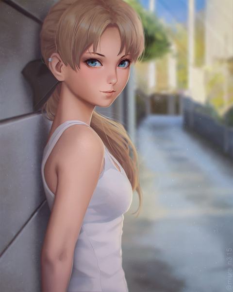 Anime picture 1200x1500 with relena peacecraft miura-n315 single long hair tall image breasts blue eyes blonde hair bare shoulders signed light smile blurry realistic depth of field low ponytail street girl tank top