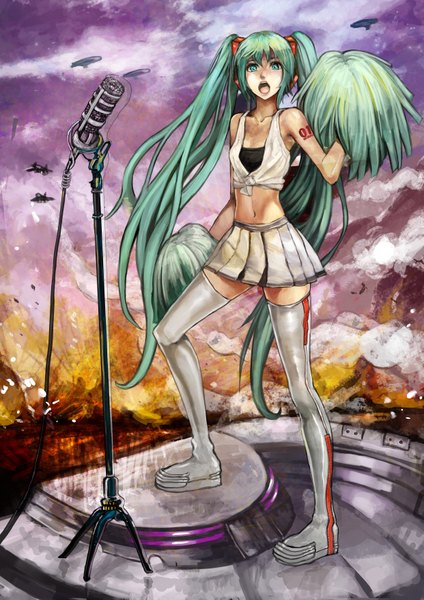 Anime picture 2481x3508 with vocaloid hatsune miku canking single long hair tall image highres open mouth twintails bare shoulders sky cloud (clouds) aqua eyes aqua hair cheerleader girl skirt thigh boots wire (wires) microphone stand