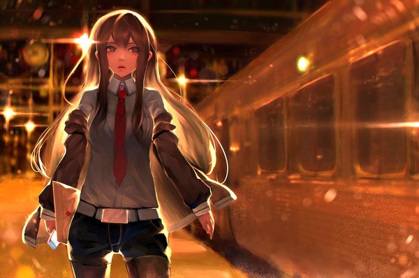 Anime picture 2000x1333 with steins;gate white fox makise kurisu junp single long hair fringe highres brown hair standing purple eyes holding looking away parted lips open clothes open jacket light girl pantyhose necktie