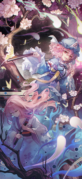 Anime picture 919x1991 with touhou saigyouji yuyuko saigyouji yuyuko (living) kyusoukyu long hair tall image fringe short hair open mouth hair between eyes multiple girls pink hair eyes closed traditional clothes :d japanese clothes pink eyes tears cherry blossoms dual persona