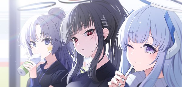 Anime picture 5180x2480 with blue archive rio (blue archive) yuuka (blue archive) yuuka (gym uniform) (blue archive) noa (blue archive) yuki (asayuki101) long hair looking at viewer fringe highres black hair red eyes wide image purple eyes multiple girls holding payot absurdres silver hair purple hair