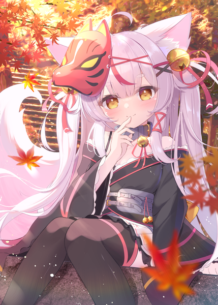 Anime picture 1036x1450 with virtual youtuber indie virtual youtuber kamiko kana mikaze oto single long hair tall image smile sitting animal ears yellow eyes silver hair ahoge outdoors tail animal tail multicolored hair two side up streaked hair fox ears