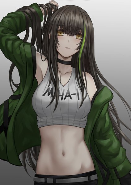 Anime picture 2480x3508 with girls frontline m4a1 (girls frontline) selcky single long hair tall image looking at viewer blush fringe highres black hair simple background hair between eyes standing bare shoulders yellow eyes long sleeves parted lips multicolored hair off shoulder