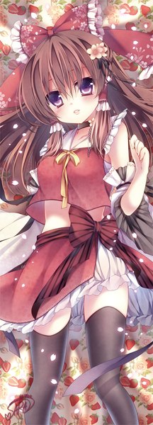 Anime picture 433x1200 with touhou hakurei reimu mikazuki sara single long hair tall image looking at viewer blush open mouth brown hair purple eyes girl thighhighs dress flower (flowers) bow black thighhighs hair bow detached sleeves