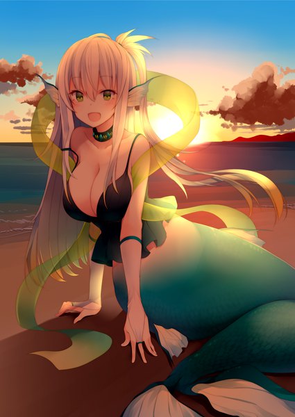 Anime picture 2507x3541 with original suruga (xsurugax) single long hair tall image blush fringe highres breasts open mouth light erotic hair between eyes large breasts green eyes looking away sky cleavage cloud (clouds) white hair ponytail