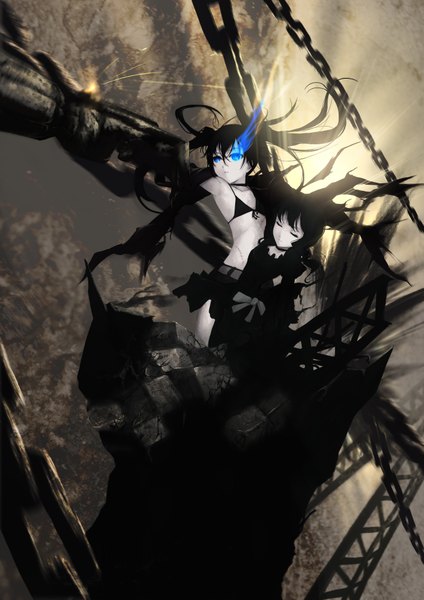 Anime picture 2480x3508 with black rock shooter black rock shooter (character) dead master cait long hair tall image highres blue eyes black hair twintails multiple girls eyes closed glowing scar glowing eye (eyes) girl weapon 2 girls shorts chain