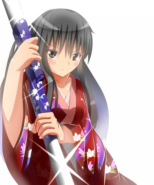 Anime picture 1212x1456 with original bra-cky single long hair tall image looking at viewer blush black hair japanese clothes black eyes serious girl flower (flowers) weapon sword kimono