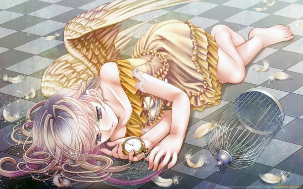 Anime picture 1680x1050 with original plastic moon long hair blonde hair wide image purple eyes lying barefoot legs angel wings checkered floor angel girl dress wings feather (feathers) short dress clock pocket watch cage